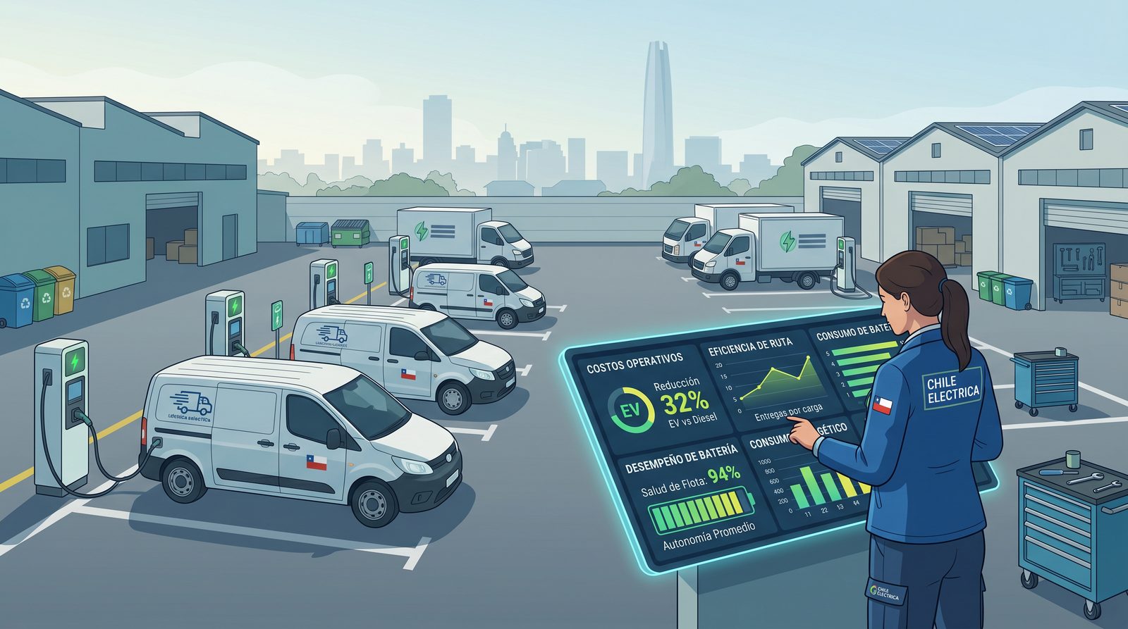 Operación de flota eléctrica con dashboard de KPIs: reducción de costos, eficiencia de ruta, salud de batería